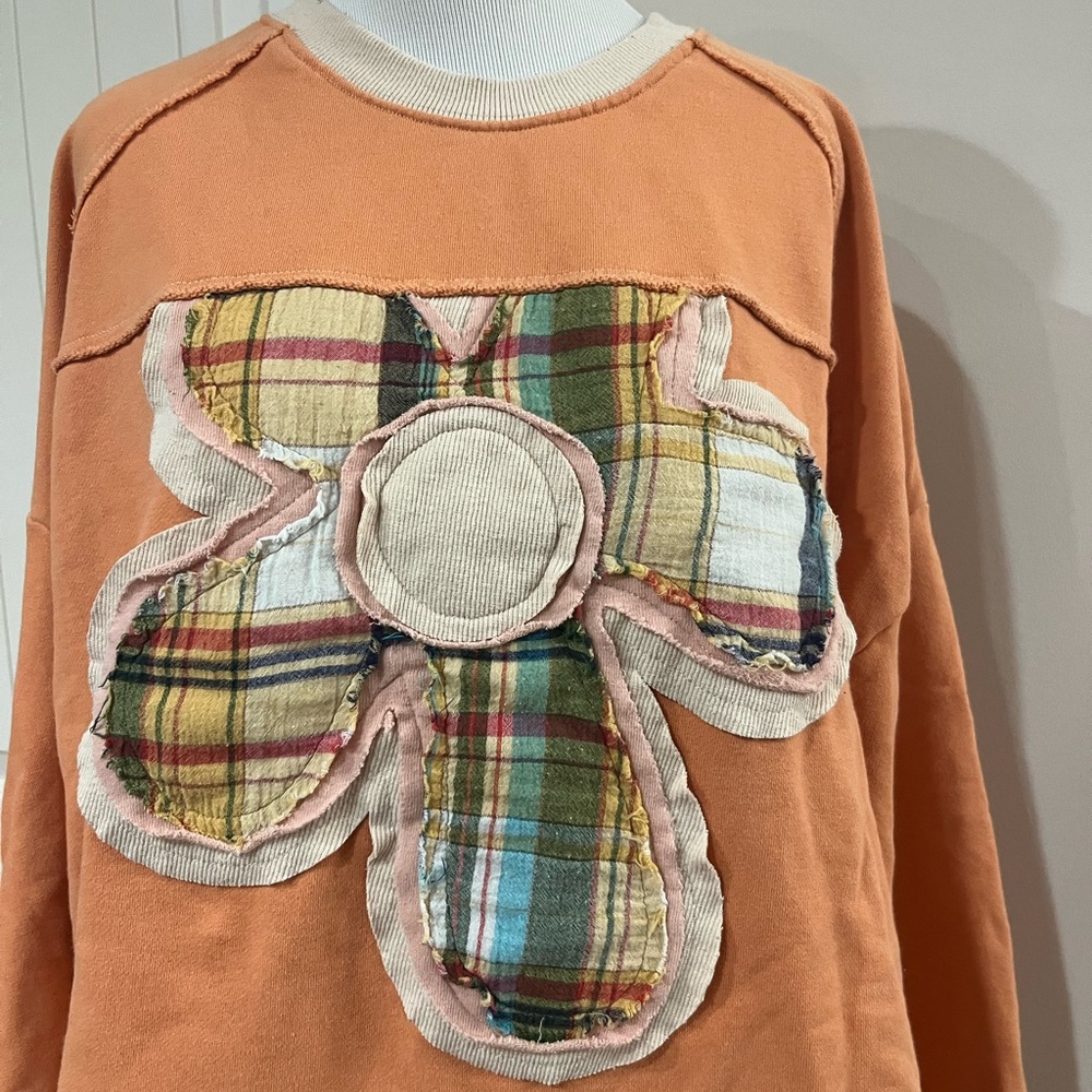 Orange Plaid Flower patchwork Women's Sweatshirt - image 2